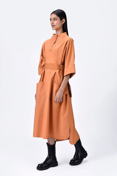 Oversized Cotton Shirt Dress with Tapered Yoke - Light Amber - Genes Lecoanet Hemant