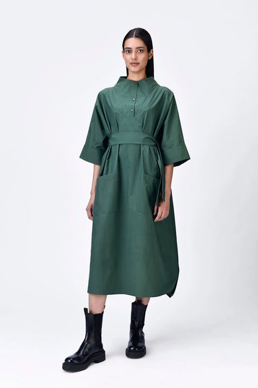 Oversized Cotton Shirt Dress with Tapered Yoke - Pine Green - Genes Lecoanet Hemant