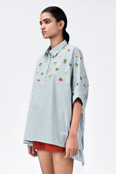Oversized Cotton Shirt With Fruit Motifs Embroidery Green Stripe - Genes Lecoanet Hemant