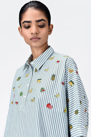Oversized Cotton Shirt With Fruit Motifs Embroidery Green Stripe - Genes Lecoanet Hemant