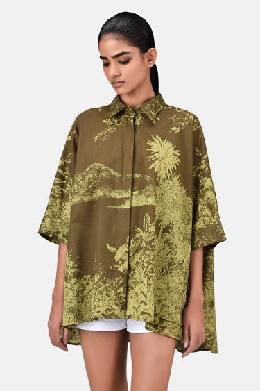 Oversized Monotone Landscape Print Shirt Mint Green Khaki - Genes Lecoanet Hemant