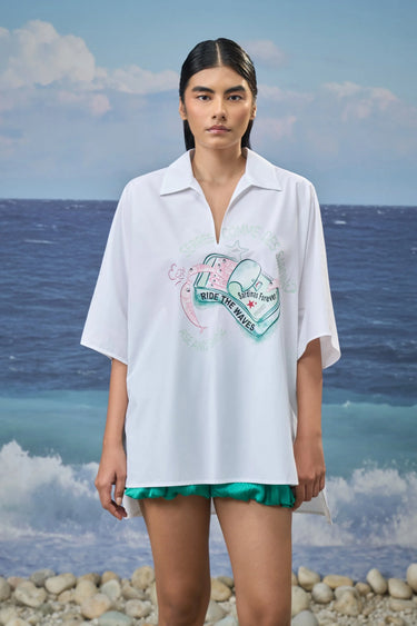 Oversized Polo-Collar Shirt in Premium Cotton Poplin with Statement Print - White