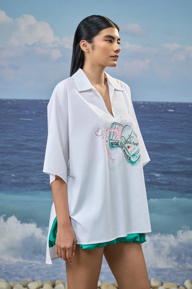 Oversized Polo-Collar Shirt in Premium Cotton Poplin with Statement Print - White