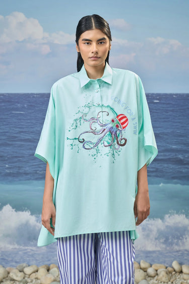 Oversized Printed Shirt in Premium Cotton Poplin - Mint Green