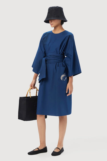 Oversized Round Neck Dress with Artistic Stamp Print Blue - Genes Lecoanet Hemant