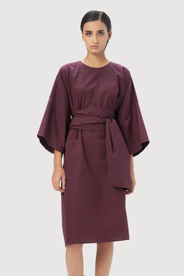 Oversized Round Neck Dress with Artistic Stamp Print Wine - Genes Lecoanet Hemant