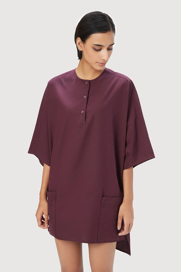 Oversized Round Neck Top with Front Placket Wine - Genes Lecoanet Hemant