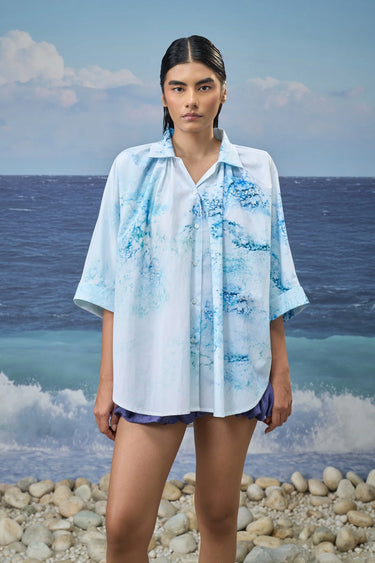 Oversized Shirt in Premium Cotton Poplin with Watercolour Print