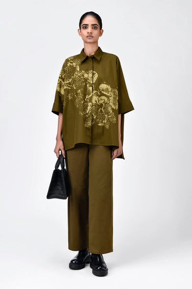 Oversized Shirt with Orchid Print - Khaki - Genes Lecoanet Hemant
