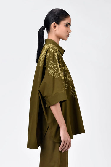 Oversized Shirt with Orchid Print - Khaki - Genes Lecoanet Hemant