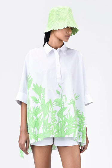 Oversized Shirt with Tropical Print and High-Low Hem White & Green - Genes Lecoanet Hemant