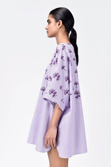 Palm Stripe Cotton Poplin Oversized Top with Boat Neck Amethyst - Genes Lecoanet Hemant