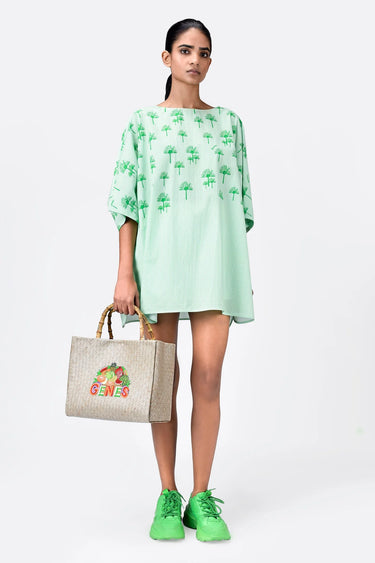 Palm Stripe Cotton Poplin Oversized Top with Boat Neck Spring Green - Genes Lecoanet Hemant