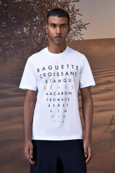 White cotton T-shirt with Paris-inspired wordscape print and relaxed fit