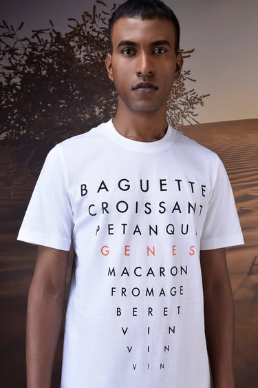 White short sleeve T-shirt with Parisian wordscape print for casual wear
