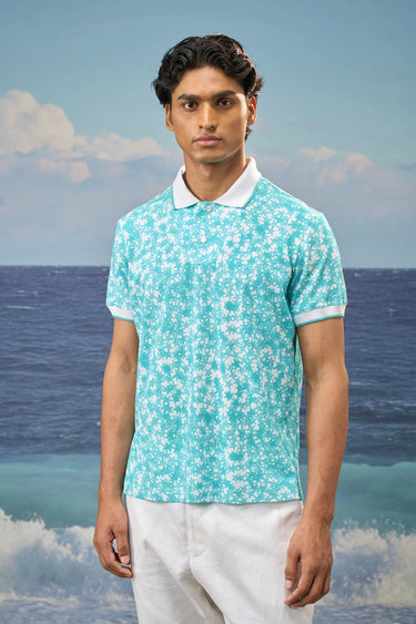 Persian Green Premium Cotton Pique Printed Polo T-Shirt