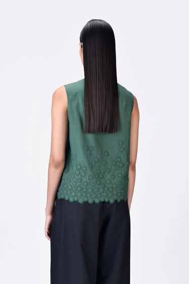 Pine Green Sleeveless Top with Heritage Ravioli Embroidery - Genes Lecoanet Hemant