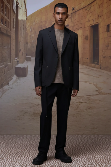 Black poly viscose jacket for men by Genes Lecoanet Hemant India