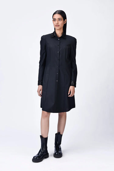 Poly Wool Shirt Dress with Embroidered Tulle