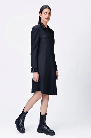 Poly Wool Shirt Dress with Embroidered Tulle