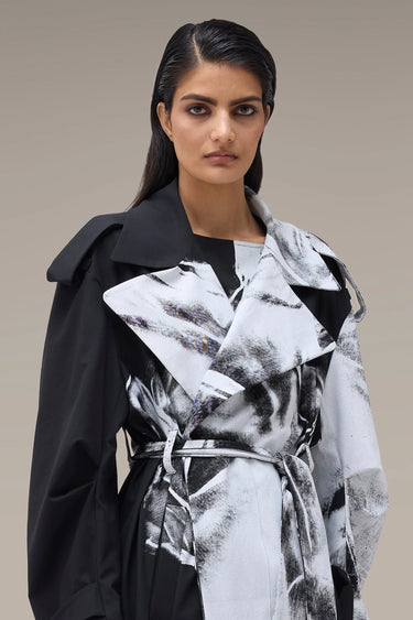 Women's Premium Abstract Print Belted Trench Coat - Tencel Twill - Black