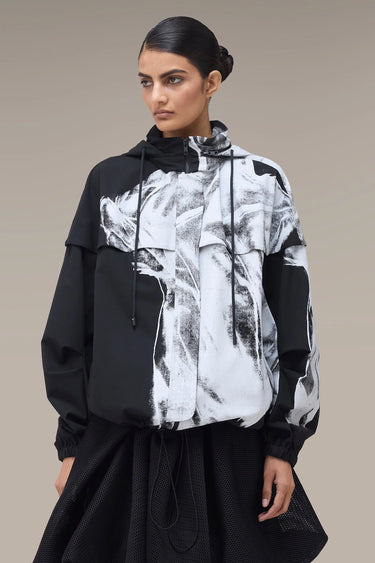 Women's Premium Abstract Print Oversized Hooded Jacket - Tencel Twill - Black