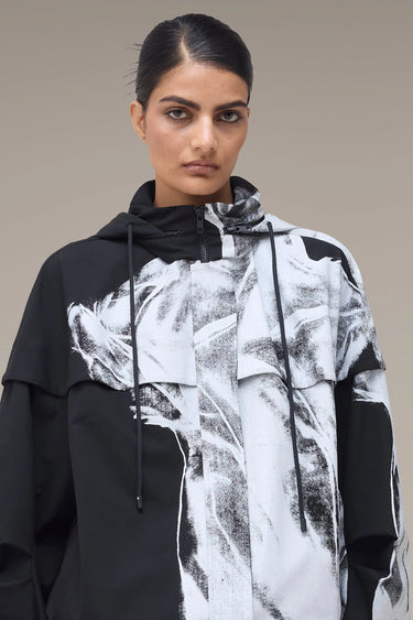 Women's Premium Abstract Print Oversized Hooded Jacket - Tencel Twill - Black
