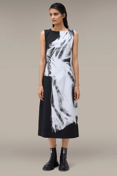 Women's Premium Abstract Print Sleeveless Midi Dress - Tencel Twill - Black