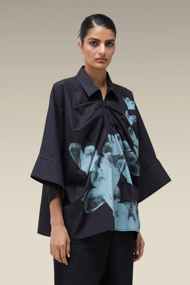 Premium Black Floral Print Cotton Poplin Shirt- Free Size