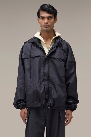 Men's Premium Black Hooded Nylon Windbreaker Jacket