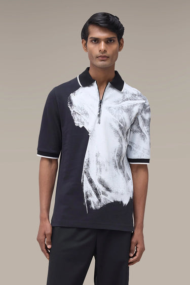 Men's Premium Black Printed Zip Polo