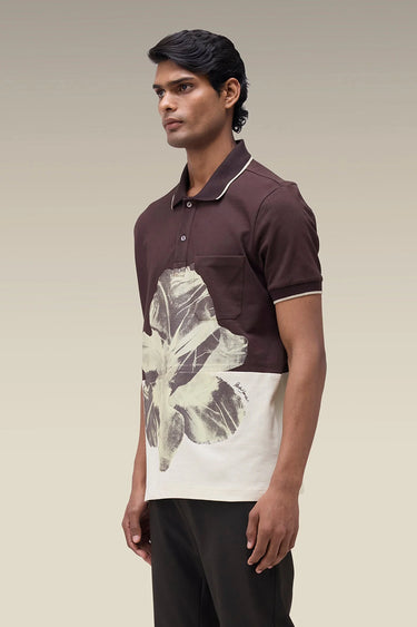 Men's Premium Chocolate Brown Floral Print Cotton Pique Polo