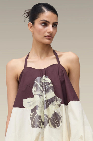 Premium Chocolate Brown Floral Print Cotton Poplin Halter Top