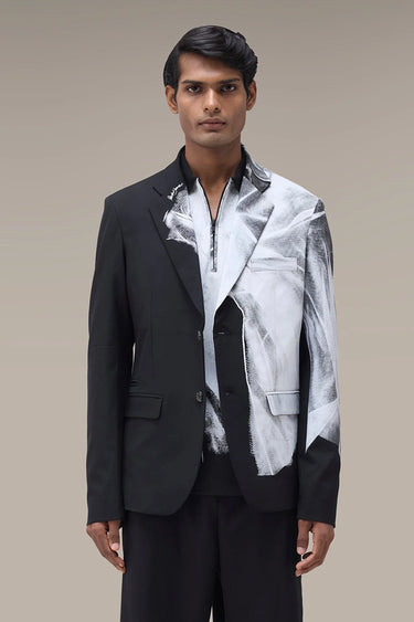 Premium Draped Print Tailored Jacket in Black