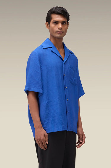 Premium Egyptian Blue Viscose Nylon Camp Collar Shirt
