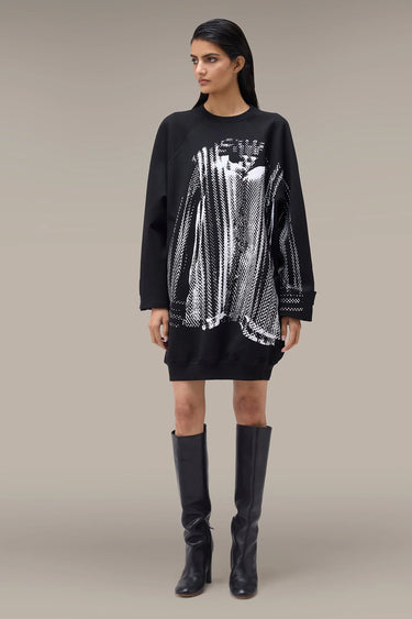 Women's Premium Halftone Print Oversized Sweatshirt Dress - Black Poly Scuba