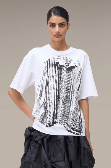 Women's Premium Halftone Print Oversized White T-Shirt - Combed Cotton Jersey