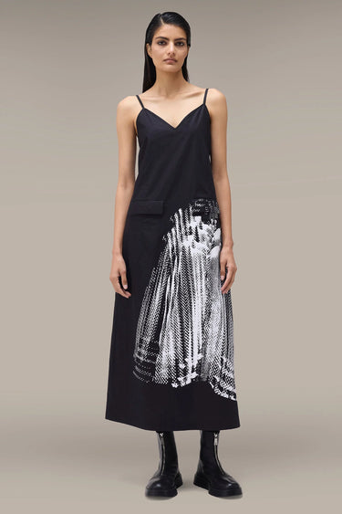 Women's Premium Halftone Print Slip Midi Dress - Black Giza Cotton