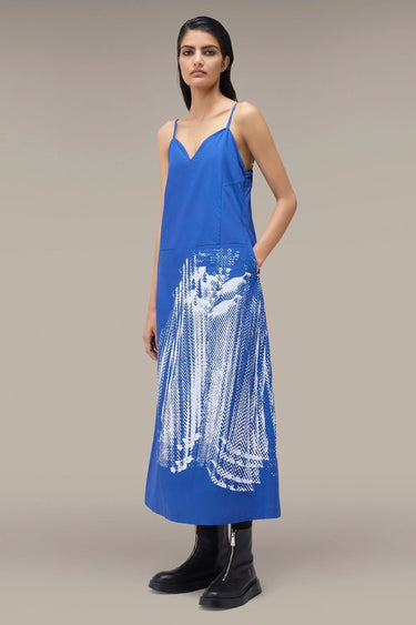 Women's Premium Halftone Print Slip Midi Dress - Egyptian Blue Giza Cotton