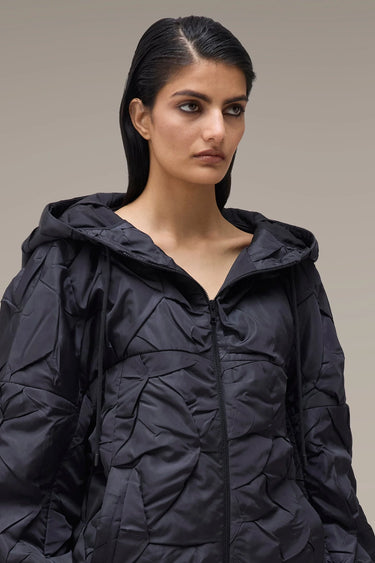 Women's Premium Pleated Texture Hooded Bomber Jacket - Black Nylon