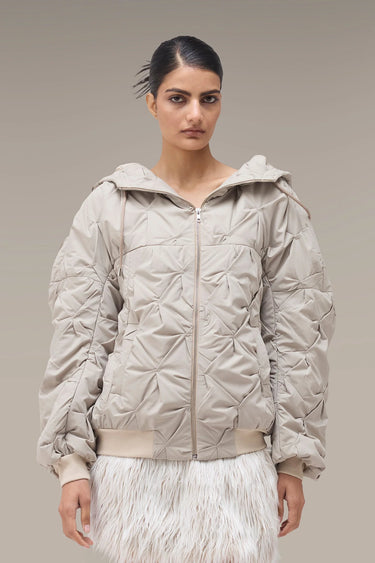 Women's Premium Pleated Texture Hooded Bomber Jacket - Fawn