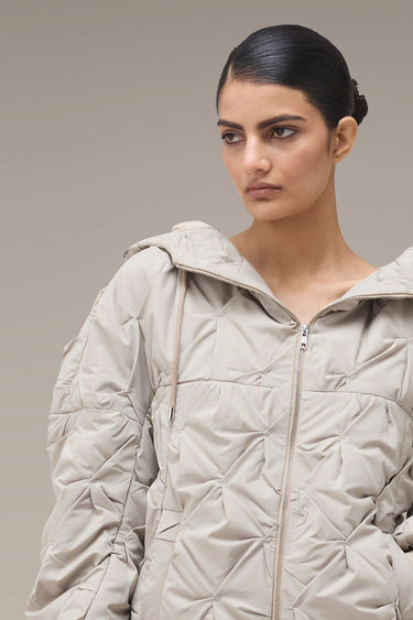 Women's Premium Pleated Texture Hooded Bomber Jacket - Fawn