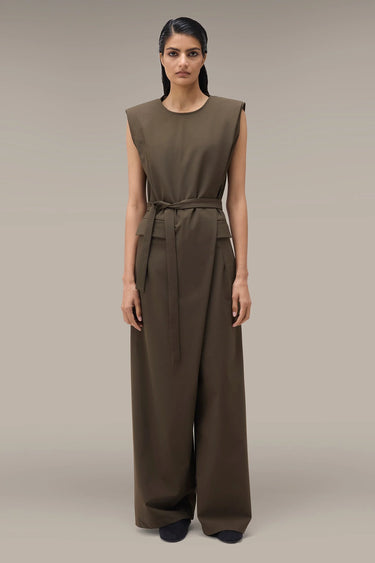 Women's Premium Structured Shoulder Wide Leg Jumpsuit - Khaki Poly Viscose