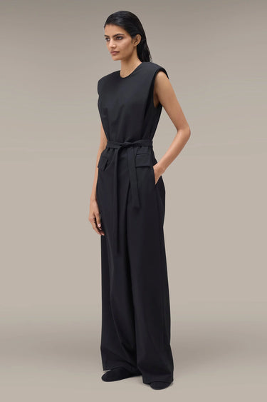 Women's Premium Structured Shoulder Wide Leg Jumpsuit - Black Poly Viscose