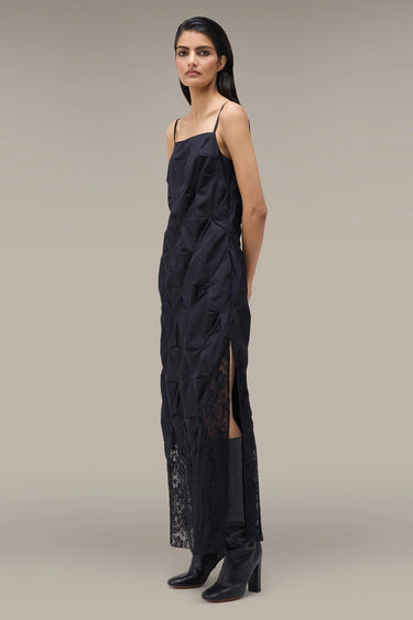 Women's Premium Textured Lace Hem Maxi Dress - Giza Cotton and Lace - Black