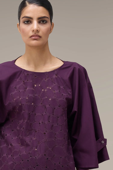 Women's Premium White Cutwork Embroidered Cotton Top - deep purple