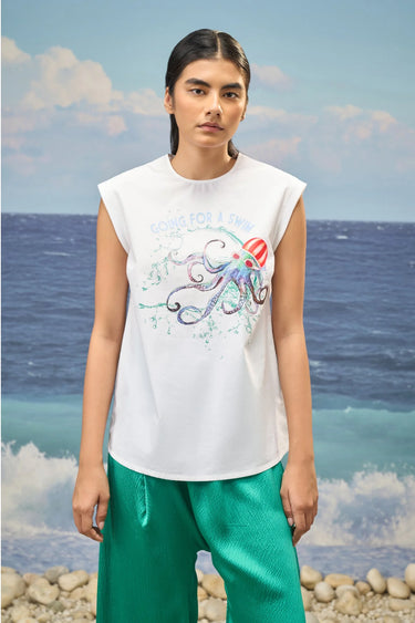 Printed Sleeveless Top in Premium Cotton Poplin – White