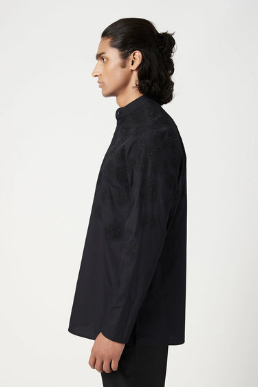 Regular Fit Band Collar Short Kurta with Gingko Thread Embroidery - Genes Lecoanet Hemant