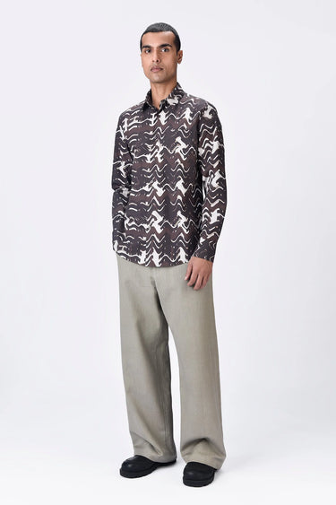 Regular Fit Button-Up Shirt with Solar Wave Check Print Choclate Brown - Genes Lecoanet Hemant