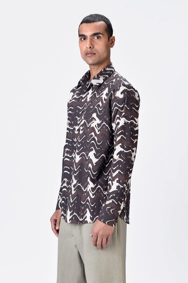 Regular Fit Button-Up Shirt with Solar Wave Check Print Choclate Brown - Genes Lecoanet Hemant